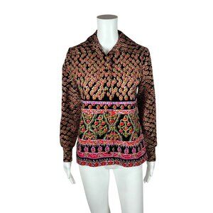 Vintage 70s Printed Blouse Women's Medium Pink Black Border Print Top